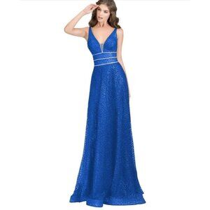 Sz XL Anny Lee Blue Glitter Plunge Illusion Gown with Gold and AB Crystal Trim